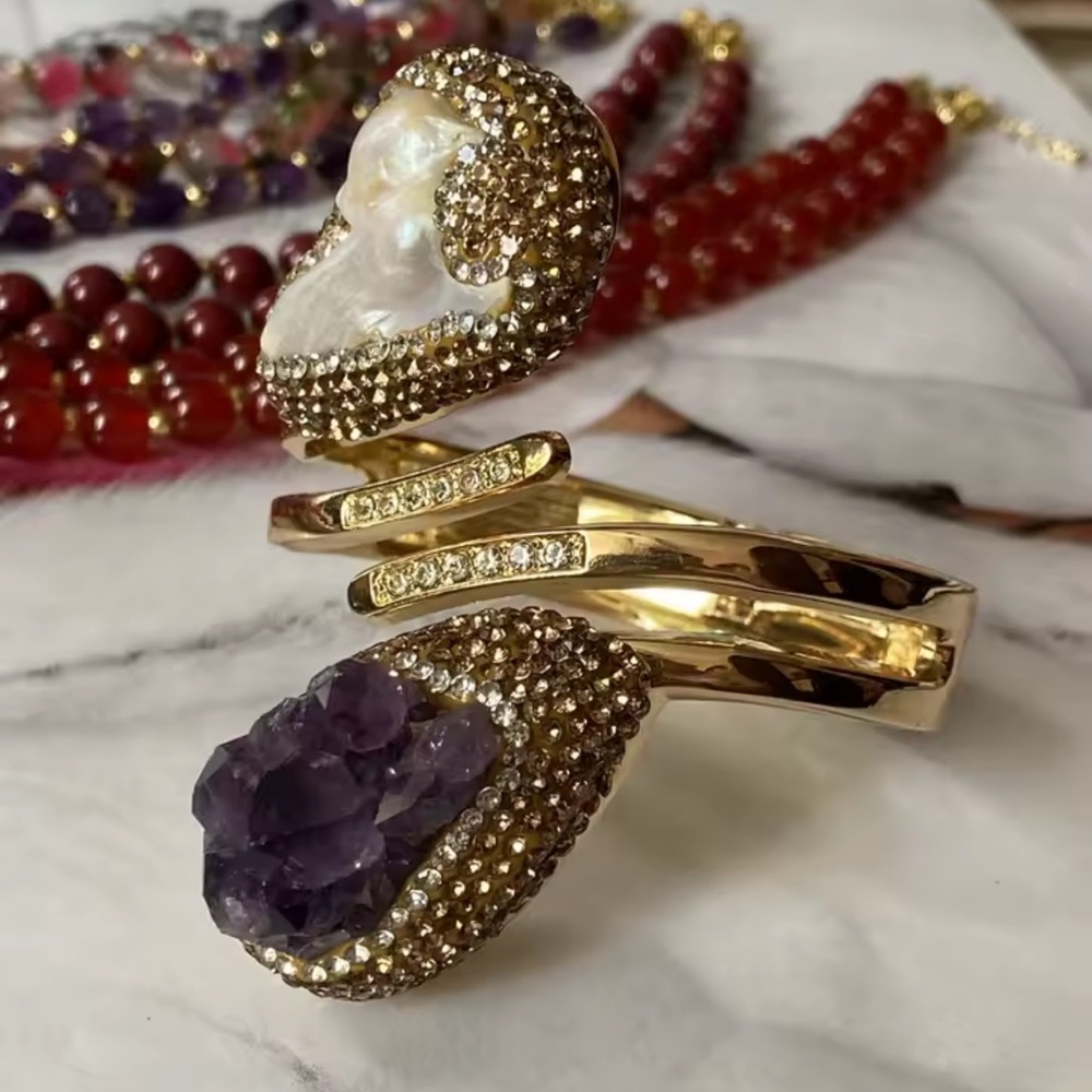 Natural Stone Amethyst & Baroque Pearl Gold Cuff Bracelet - Picture 7 of 17